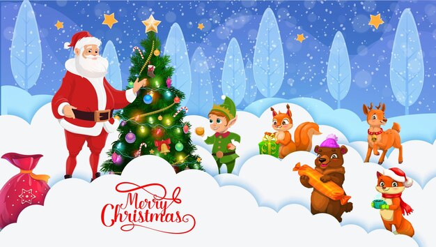 Papel de Navidad cortado ondas de nieve pino dibujos animados Santa y animales lindos con regalos Navidad vacaciones de invierno papel cortado vector fondo de pantalla Año nuevo 3d fondo con elfo ardilla oso y ciervo zorro