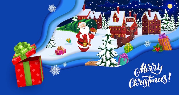 Papel de Navidad cortado santa con pino árbol de vacaciones reno y ciudad de invierno Vector arte de corte de papel de Navidad con alegre padre noel y ciervo en el paisaje rural con regalos nevados y capas 3d