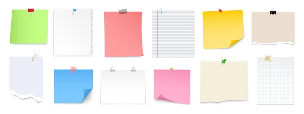 Papel de nota con alfiler, clip de carpeta, alfiler, cinta adhesiva y tachuela. Hoja en blanco, nota adhesiva, trozo de papel rasgado y página de cuaderno. Plantillas para un mensaje de nota.