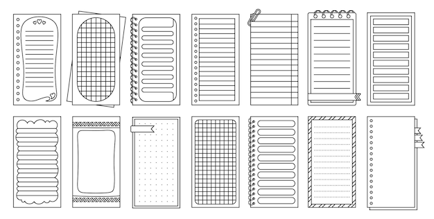 Papel de notas alineado o cuadrícula Cuadernos de notas contorno conjunto semanal diario planificador pegatina plantilla de página vector