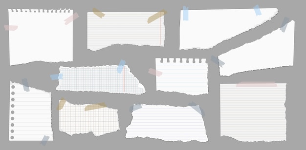 Papel de notas con cinta adhesiva Tabla de estado de ánimo en blanco trozos de papel rasgados en cinta pegajosa fragmentos de cuadernos con bordes rasgados para álbumes de recortes y tablas de estados de ánimo Conjunto aislado vectorial