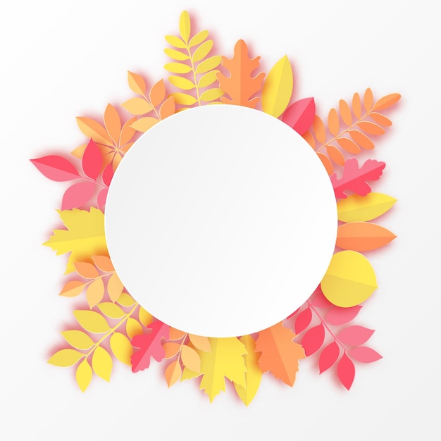 Papel otoño arce roble y otras hojas marco redondo vector de fondo de color pastel