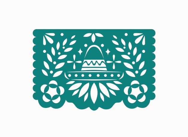 Papel Papel Picado, bandera mexicana picoteada para el Día de los Muertos, Día de los Muertos. Bandera popular de México con adorno de sombrero y flores. Decoración tradicional étnica de vacaciones. ilustración vectorial plana