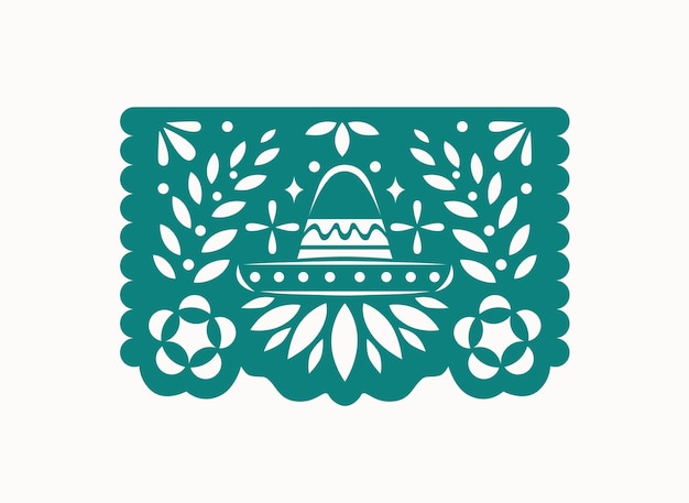 Papel papel picado, bandera mexicana picoteada para el día de los muertos, día de los muertos. bandera popular de méxico con adorno de sombrero y flores. decoración tradicional étnica de vacaciones. ilustración vectorial plana