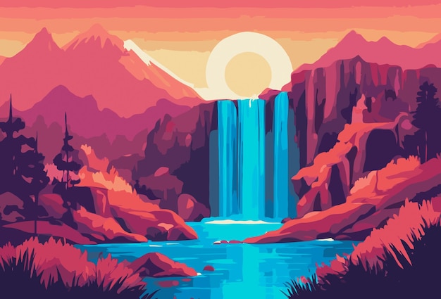 Papel de pared de cascada de 4k con hermosa montaña y puesta de sol