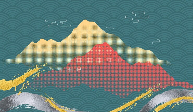 PAPEL DE pared de estilo japonés cartel de invitación con dibujos abstractos de línea de fondo y paisajes montañosos