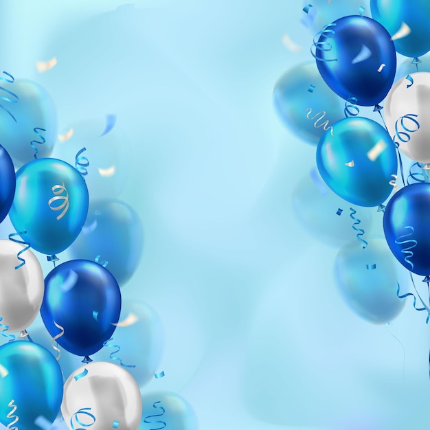 Papel de pared con globos brillantes azules y blancos 3D realistas y decoración de confeti con espacio en blanco