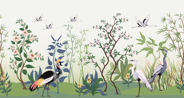 Papel de pared de jardín Chinoiserie Patrón horizontal oriental tradicional con elementos botánicos y pájaros Bambú y árboles en flor Animales voladores y flores Frontera de la naturaleza asiática Fondo vectorial