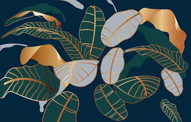 Papel de pared de lujo dorado art deco hermoso dorado verde natural y azul con contorno dorado y