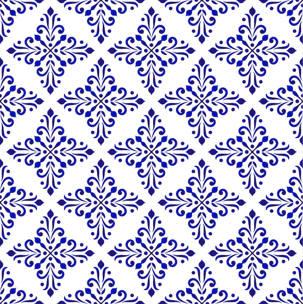 Papel pintado clásico azul y blanco, fondo floral decorativo, modelo inconsútil del damasco