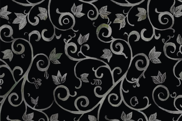 Vector un papel pintado de diseño floral negro y plateado con un patrón de hojas.