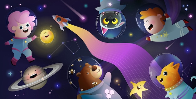 Papel Pintado Niños Astronautas y Animales del Espacio Fantasia del espacio exterior para niños