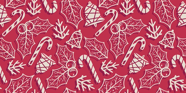 Vector papel pintado de patrón con campana de navidad, hoja, piruleta