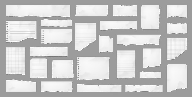 Papel rasgado blanco rasgar piezas de papel y tiras de página
