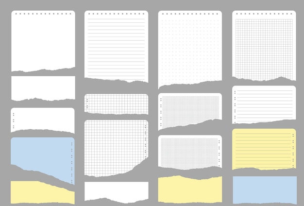 Papel rasgado con bordes rasgados y espacio para texto. Colección de papel de desecho de diferentes formas de colores. Vector