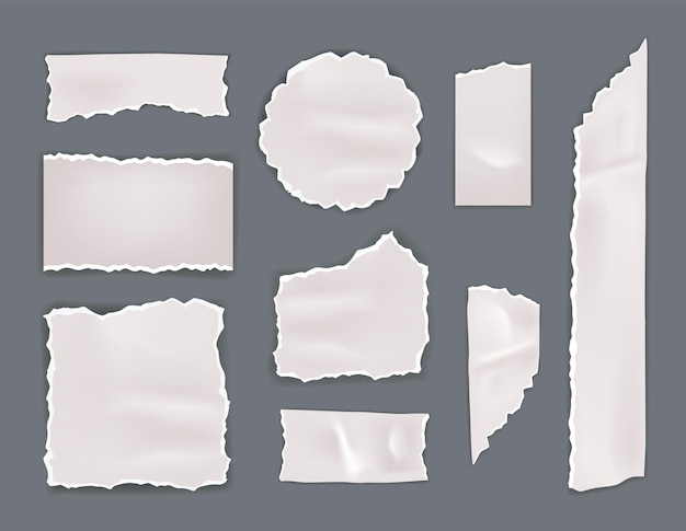 Papel rasgado Diferentes formas hoja blanca Piezas vacías en blanco Fragmentos de notas y notas Recorte de periódico cuaderno vacío Objetos cortados decorativos Lista de copias de libro Ilustración aislada vectorial