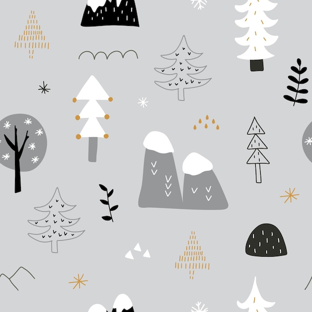 Papel de regalo de navidad de patrones sin fisuras de vector de bosque de invierno