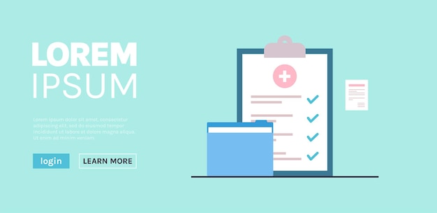 Papel de registro de pacientes hospitalarios y concepto de lista de verificación médica ilustración vectorial plana.