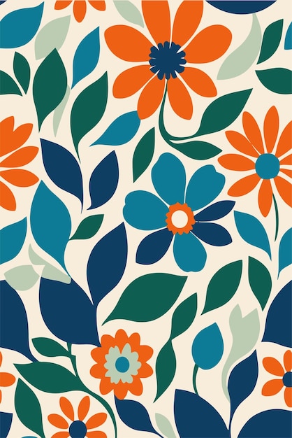 un papel tapiz colorido con flores de naranja y hojas verdes