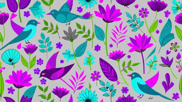 un papel tapiz colorido con pájaros y flores