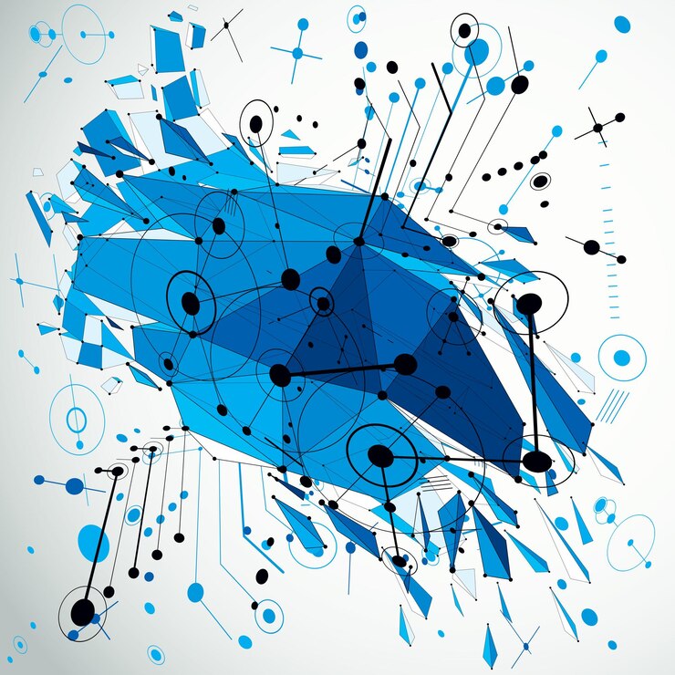 Vector papel tapiz de estilo bauhaus modernizado en 3d creado con objetos demolidos asimétricos de baja poli y malla de líneas. diseño abstracto futurista para presentaciones de negocios y carteles publicitarios.