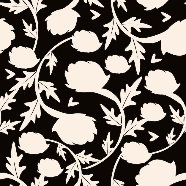 un papel tapiz floral negro y blanco con flores blancas