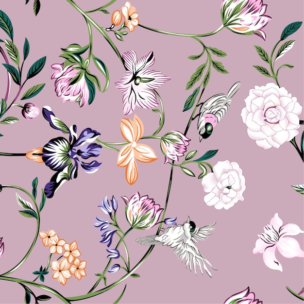 un papel tapiz con flores y mariposas y un pájaro