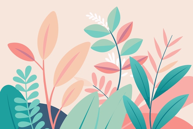 un papel tapiz con hojas y plantas coloridas