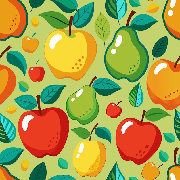 un papel tapiz con manzanas y naranjas y hojas verdes