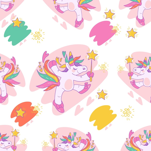 Papel tapiz de patrón textil sin costuras o diseño repetible de impresión con unicornios Patrón de fantasía sin costuras con lindos unicornios ilustración vectorial sobre fondo blanco