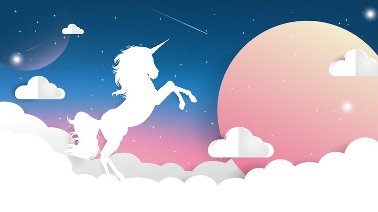 Vector papel de unicornio cortado en el cielo nocturno con luz de luna