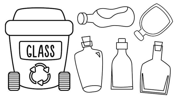 Vector papelera en blanco y negro para residuos de vidrio con basura diferente concepto de reciclaje y clasificación de residuos o página para colorear contenedor de basura vectorial e ilustración de basura conjunto de líneas ecológicas