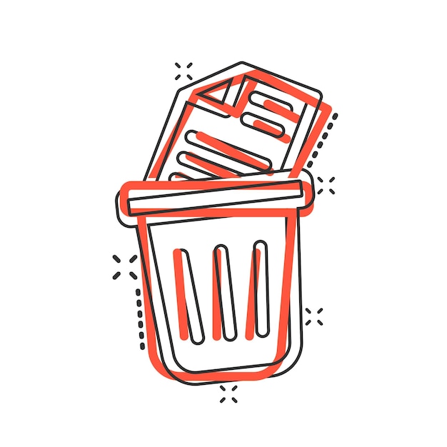 Papelera con icono de documento en estilo cómic Ilustración de vector de dibujos animados de reciclaje de papel sobre fondo blanco aislado Concepto de negocio de efecto de salpicadura de basura de oficina