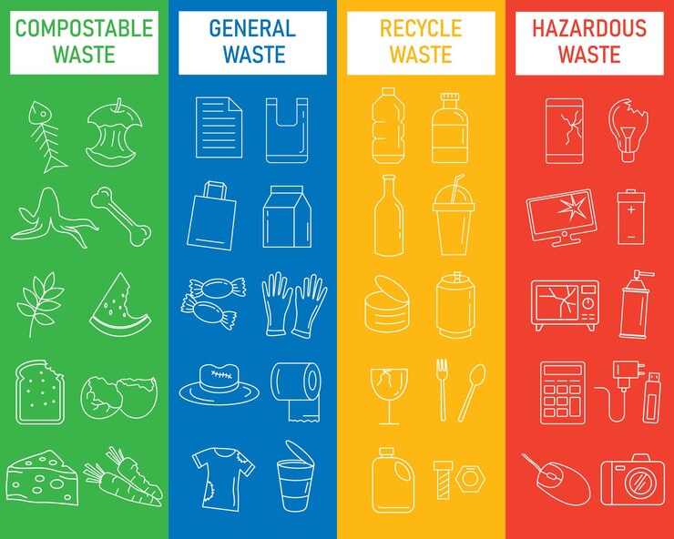 Vector papelera de reciclaje para el esquema de separación de residuos establecer icono compostable reciclaje general y residuos peligrosos