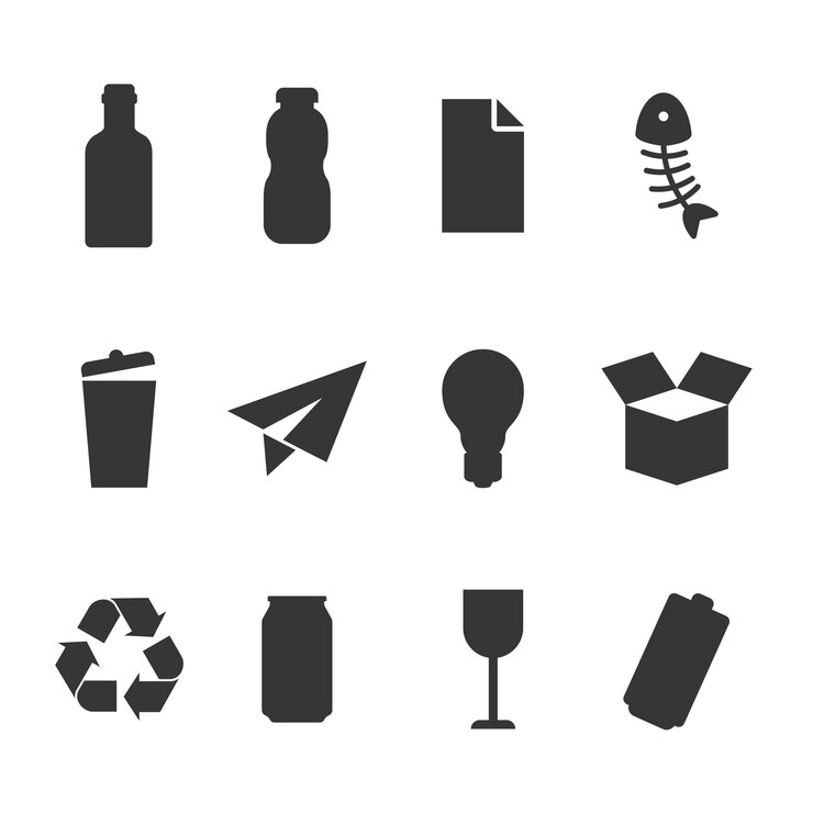 Papelera de reciclaje de residuos para algunos tipos de conjunto de vectores de iconos de residuos