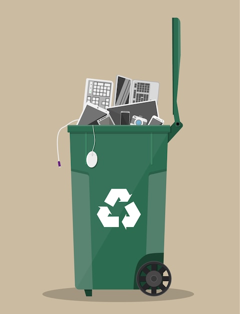 Papelera de reciclaje de residuos electrónicos con equipos electrónicos antiguos