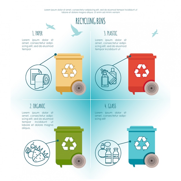 Papeleras de reciclaje infografía. gestión de residuos y concepto de reciclaje. ilustración