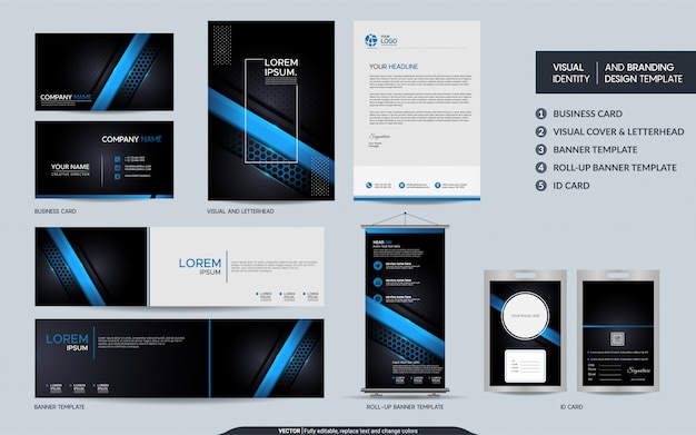 Papelería azul moderna y conjunto de identidad visual de marca.