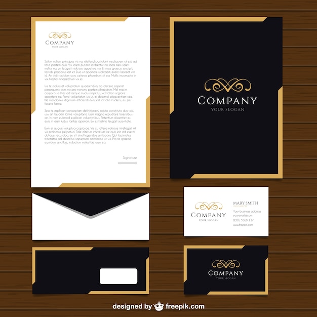 Vector papelería elegante de empresa con bordes dorados