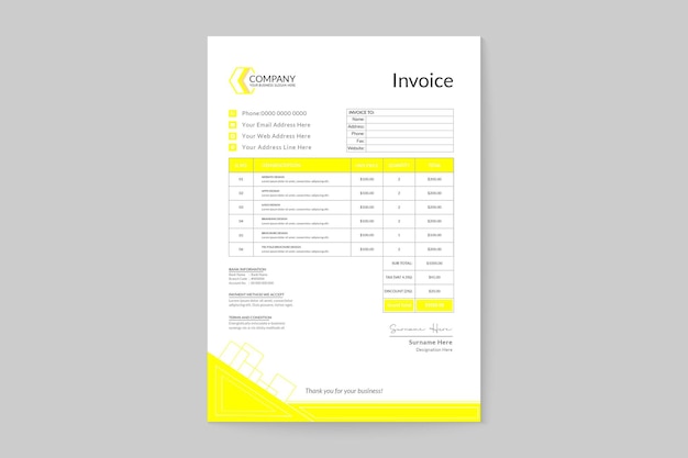 Vector papelería de marca de color amarillo comercial profesional de factura