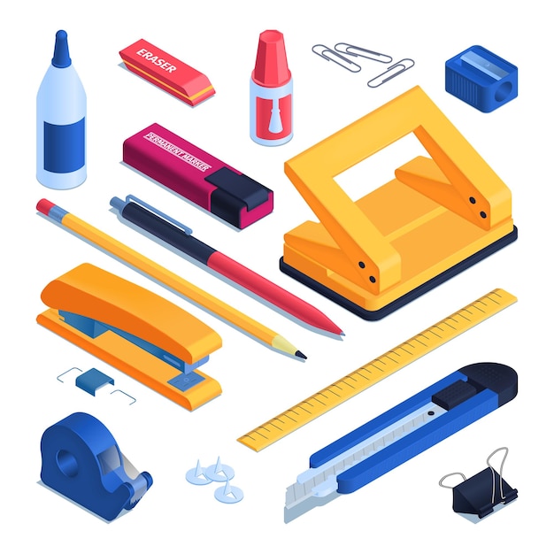 Papelería de oficina y escuela con pluma y lápiz ilustración vectorial aislada isométrica