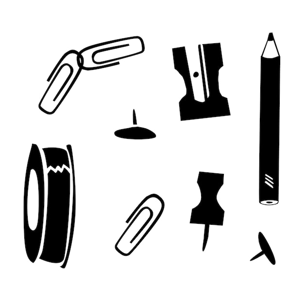 Papelería de oficina pequeña en estilo garabato simple Pin, clip y sacapuntas