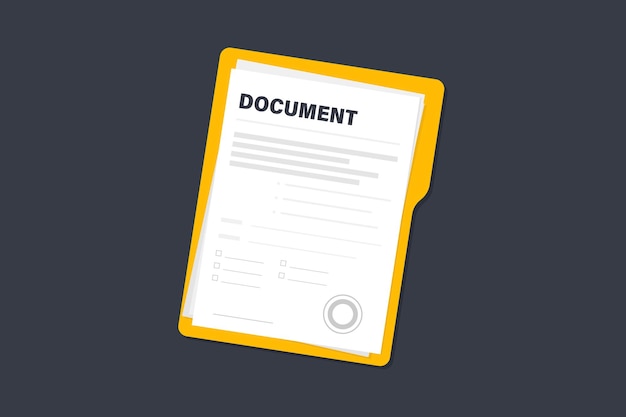 Papeles contractuales. Documento. Carpeta con sello y texto. Pila de papeles de documentos de acuerdos con firma y sello de aprobación. Documentos contractuales. Concepto de papeleo comercial, ilustración plana