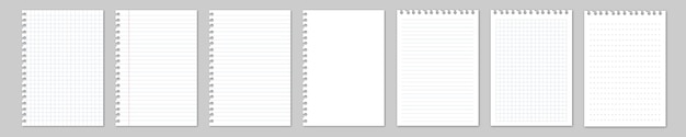 Vector papeles forrados realistas papeles de cuaderno cuadriculados en blanco para tareas y ejercicios cuaderno de página de cuadrícula con margen vector eps 10