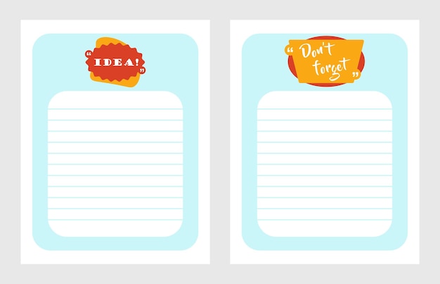 Papeles de notas Página de agenda y recordatorio plantilla de papel de nota alineada Ideas de cuaderno no olvides lista Cuaderno de notas o diseño organizador Memoria de tareas Planificación de objetivos Set de hojas de planificador de vectores en blanco