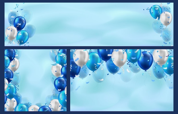 Papeles de pared azules con muchos globos brillantes realistas en 3D y confeti en un fondo borroso