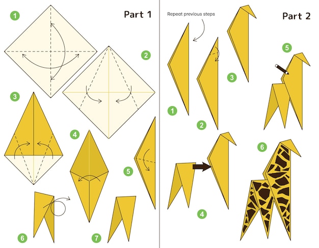 Papiroflexia para niños. Paso a paso cómo hacer una linda jirafa de origami. Tutorial de esquema de origami.