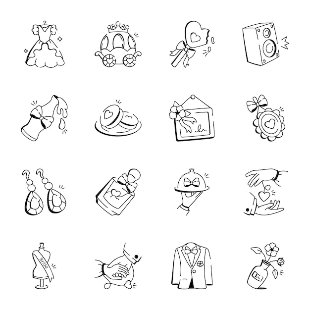Un paquete de 16 íconos de dibujos de bodas