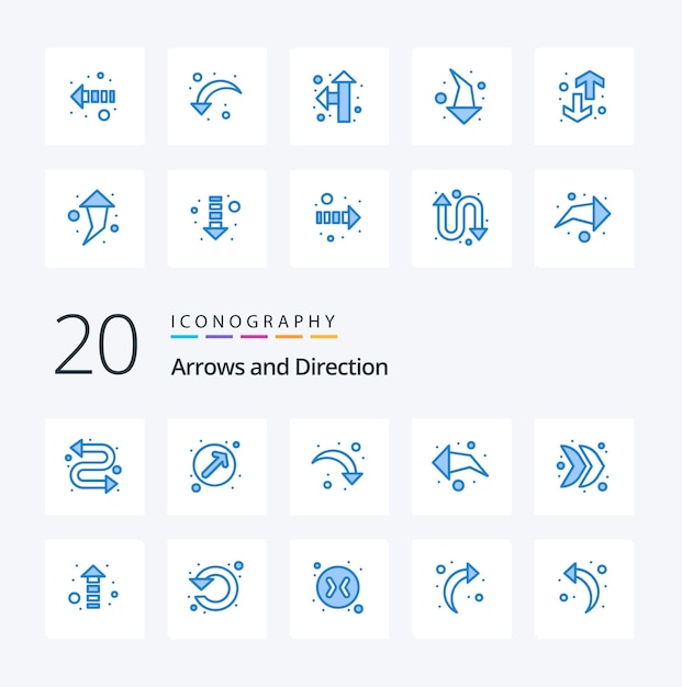 Paquete de 20 iconos de color azul de flecha como tendencia hacia abajo dirección de dirección del puntero
