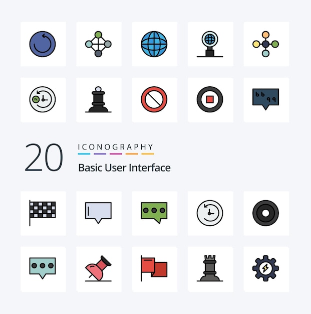 Paquete de 20 iconos de color relleno de línea básica como comentario línea de mensaje de usuario básica
